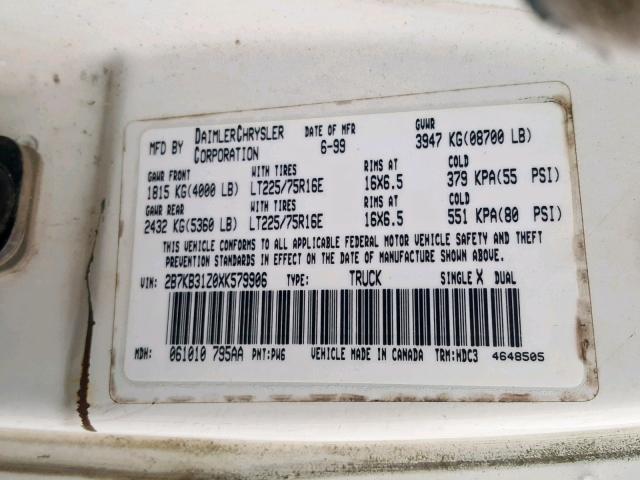 2B7KB31Z0XK579906 - 1999 DODGE RAM VAN B3 WHITE photo 10