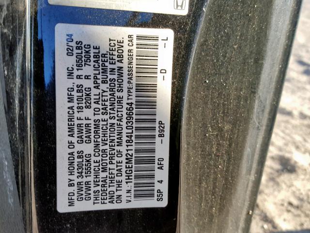 1HGEM21184L039664 - 2004 HONDA CIVIC DX V BLACK photo 10