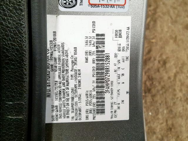 3FAHP07Z98R152881 - 2008 FORD FUSION SE GRAY photo 10