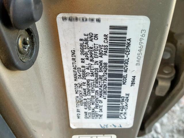 4T1BE32K73U724268 - 2003 TOYOTA CAMRY LE TAN photo 10