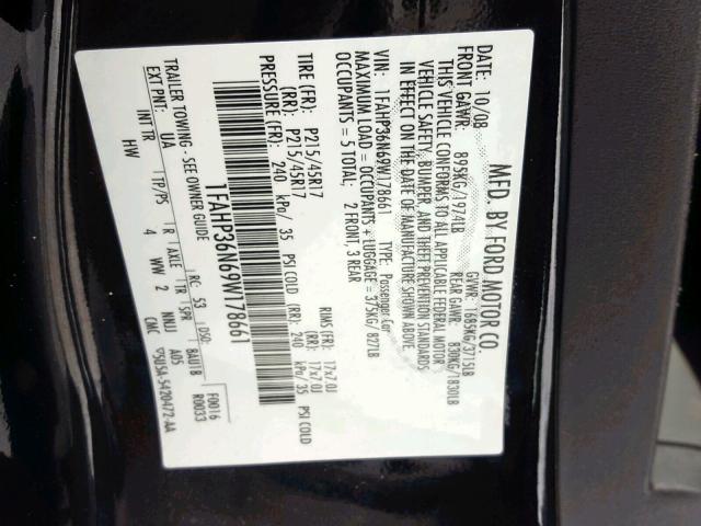 1FAHP36N69W178661 - 2009 FORD FOCUS SES BLACK photo 10