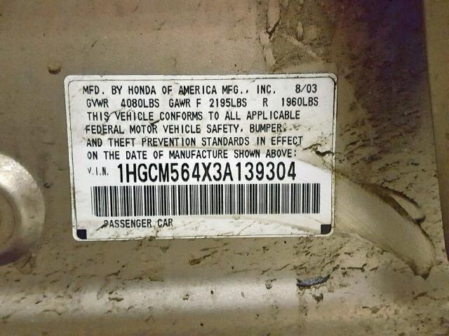 1HGCM564X3A139304 - 2003 HONDA ACCORD LX Алтын фото 10