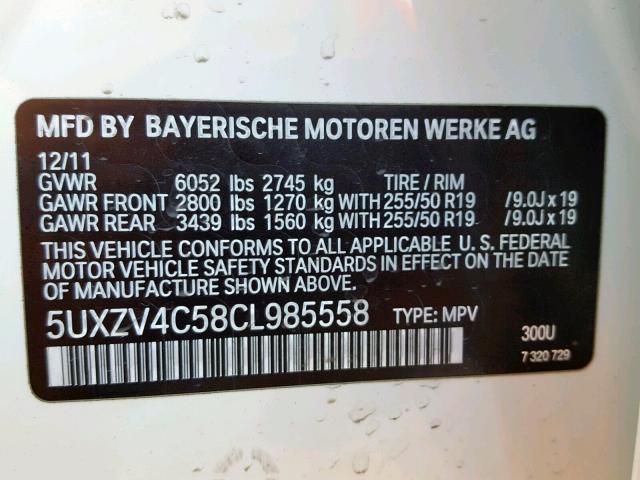5UXZV4C58CL985558 - 2012 BMW X5 XDRIVE3 WHITE photo 10