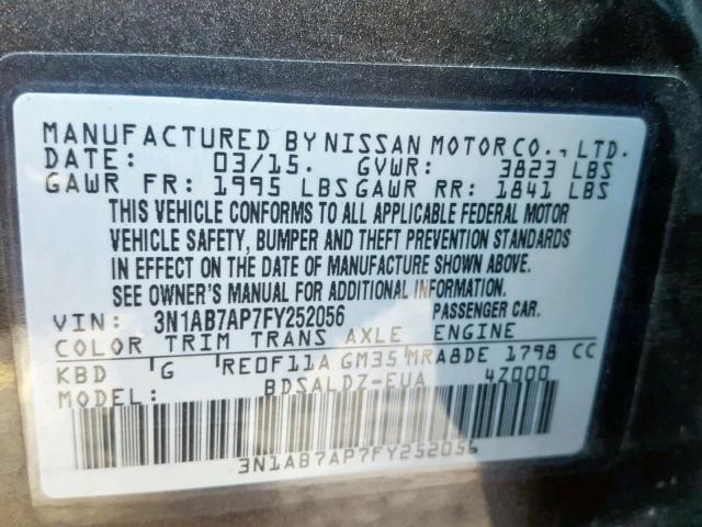 3N1AB7AP7FY252056 - 2015 NISSAN SENTRA S GRAY photo 10