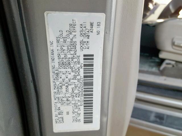 5TDZT38A94S235237 - 2004 TOYOTA SEQUOIA LI SILVER photo 10