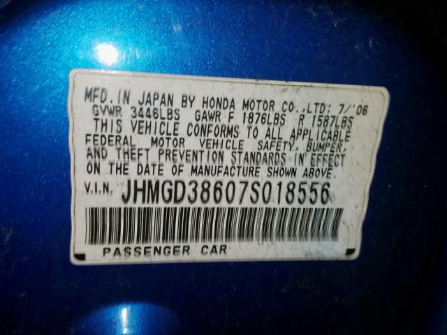 JHMGD38607S018556 - 2007 HONDA FIT S BLUE photo 10