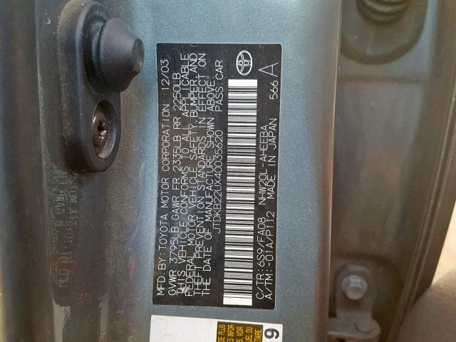 JTDKB22UX40035620 - 2004 TOYOTA PRIUS GRAY photo 10