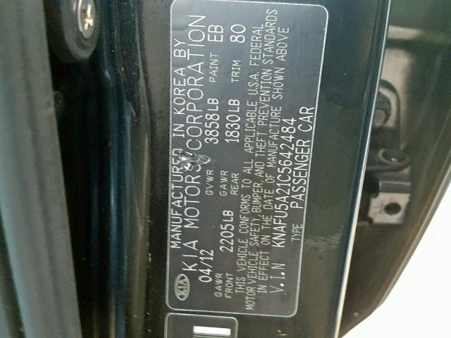 KNAFU5A21C5642484 - 2012 KIA FORTE EX BLACK photo 10