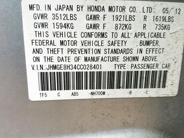 JHMGE8H34CC028401 - 2012 HONDA FIT GRAY photo 10