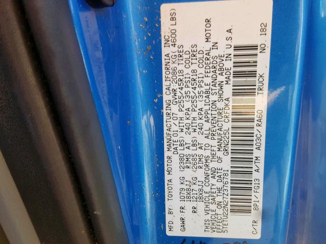 5TETU22N27Z376781 - 2007 TOYOTA TACOMA X-R BLUE photo 10