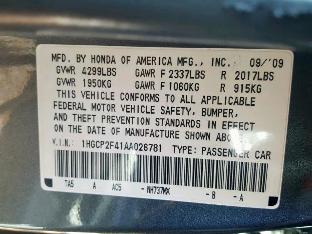 1HGCP2F41AA026781 - 2010 HONDA ACCORD LXP GRAY photo 10