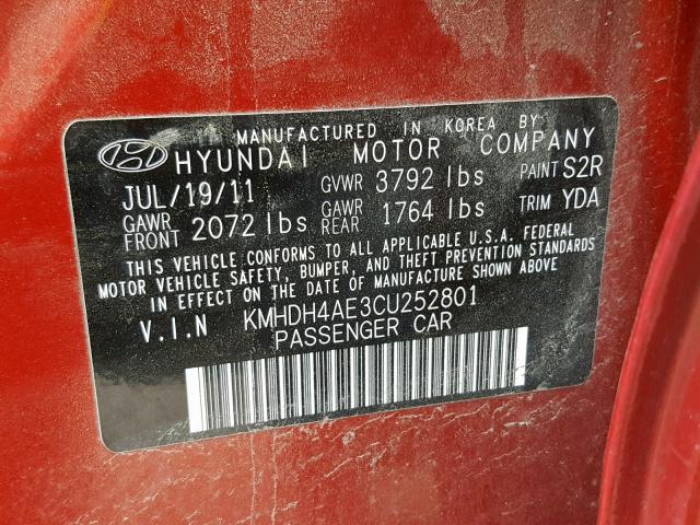 KMHDH4AE3CU252801 - 2012 HYUNDAI ELANTRA GL RED photo 10