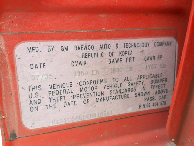 KL1TD56656B518961 - 2006 CHEVROLET AVEO BASE Қызыл фото 10