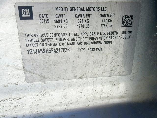 1G1JA5SH5F4217636 - 2015 CHEVROLET SONIC LS SILVER photo 10