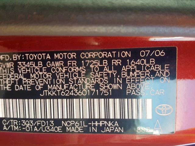 JTKKT624360171751 - 2006 TOYOTA SCION XA ბურგუნდია ფოტო 10
