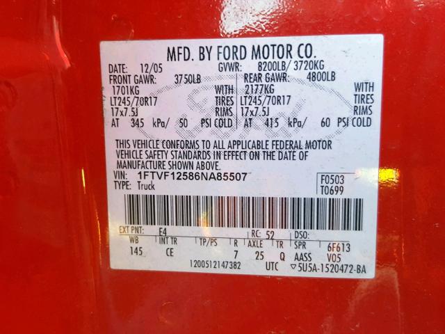 1FTVF12586NA85507 - 2006 FORD F150 RED photo 10