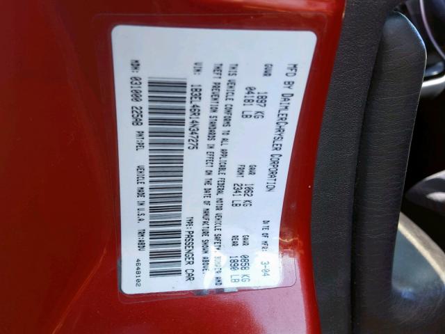 1B3EL46R14N347275 - 2004 DODGE STRATUS SX 红色 照片 10