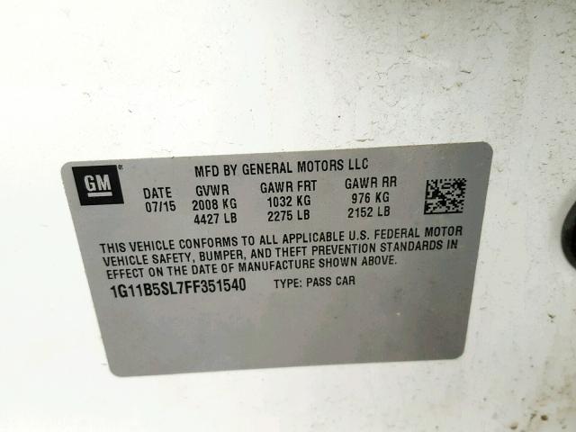 1G11B5SL7FF351540 - 2015 CHEVROLET MALIBU LS თეთრი ფოტო 10