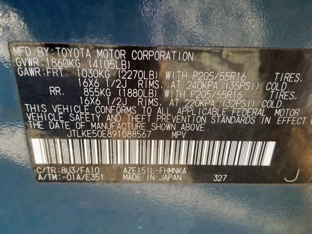 JTLKE50E891088567 - 2009 TOYOTA SCION XB 蓝色 照片 10