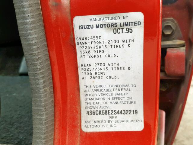 4S6CK58E2S4432219 - 1995 HONDA PASSPORT D RED photo 10