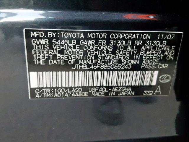 JTHBL46F885065243 - 2008 LEXUS LS 460 BLACK photo 10