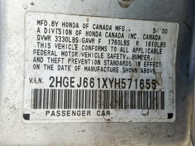 2HGEJ661XYH571655 - 2000 HONDA CIVIC BASE 银色 照片 10