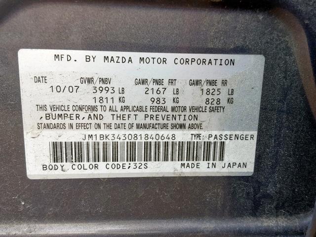 JM1BK343081840648 - 2008 MAZDA 3 HATCHBAC CHARCOAL photo 10