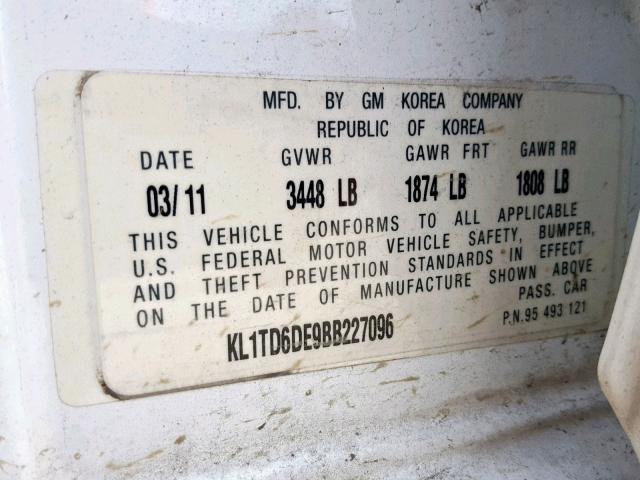 KL1TD6DE9BB227096 - 2011 CHEVROLET AVEO LS WHITE photo 10