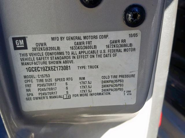 1GCEC19ZX6Z173081 - 2006 CHEVROLET SILVERADO ვერცხლისფერი ფოტო 10