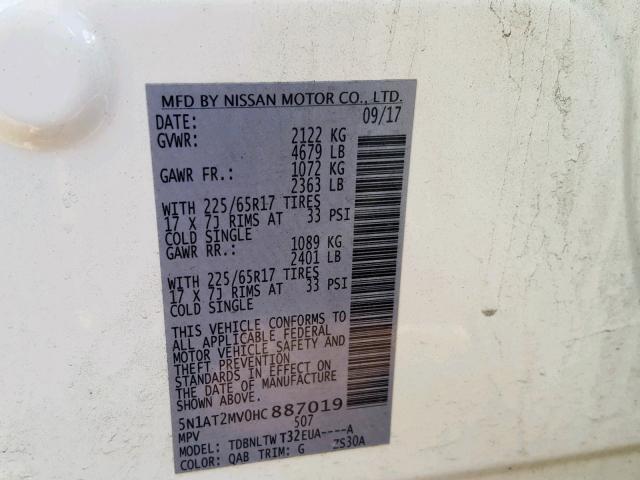 5N1AT2MV0HC887019 - 2017 NISSAN ROGUE SV Blanco foto 10