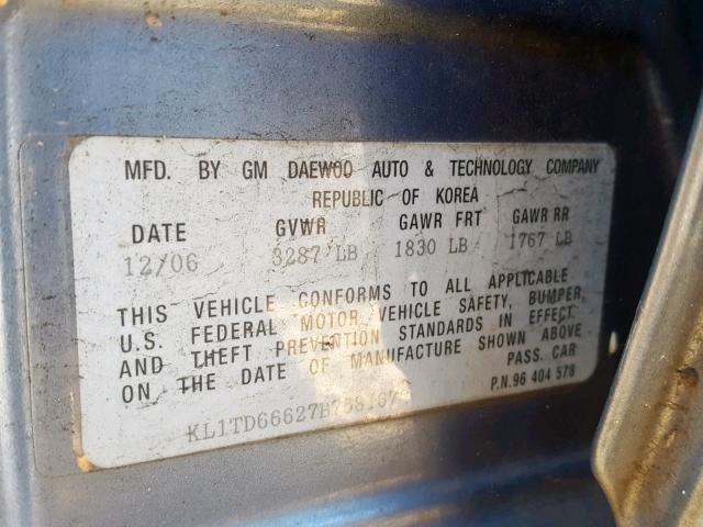 KL1TD66627B758167 - 2007 CHEVROLET AVEO BASE Көк фото 10