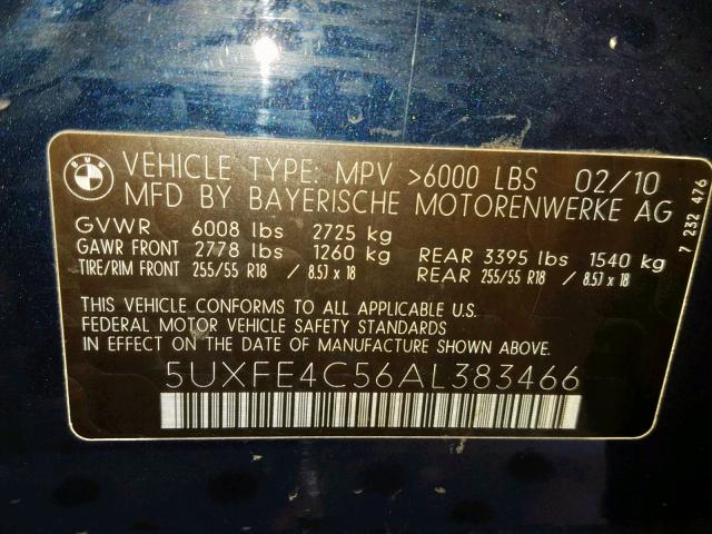 5UXFE4C56AL383466 - 2010 BMW X5 XDRIVE3 蓝色 照片 10