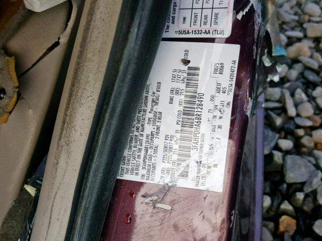 3FAHP0HA6BR128490 - 2011 FORD FUSION SE MAROON photo 10