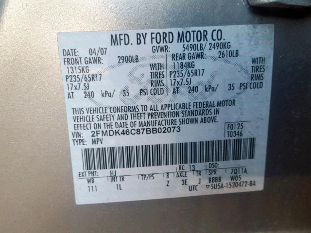 2FMDK46C87BB02073 - 2007 FORD EDGE SE SILVER photo 10