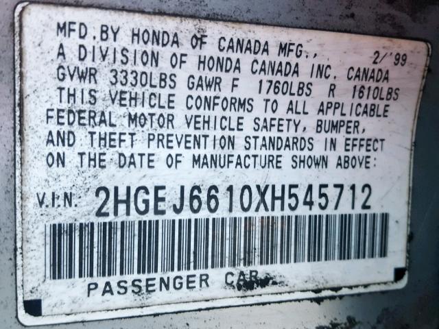 2HGEJ6610XH545712 - 1999 HONDA CIVIC BASE GRAY photo 10