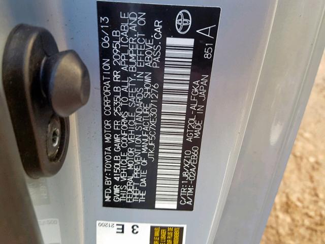 JTKJF5C7XE3071276 - 2014 TOYOTA SCION TC ვერცხლისფერი ფოტო 10