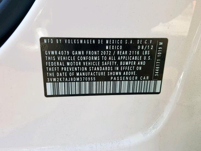 3VW2K7AJ8DM370955 - 2013 VOLKSWAGEN JETTA BASE Սպիտակ լուսանկար 10