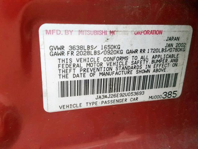 JA3AJ26E92U053693 - 2002 MITSUBISHI LANCER ES RED photo 10