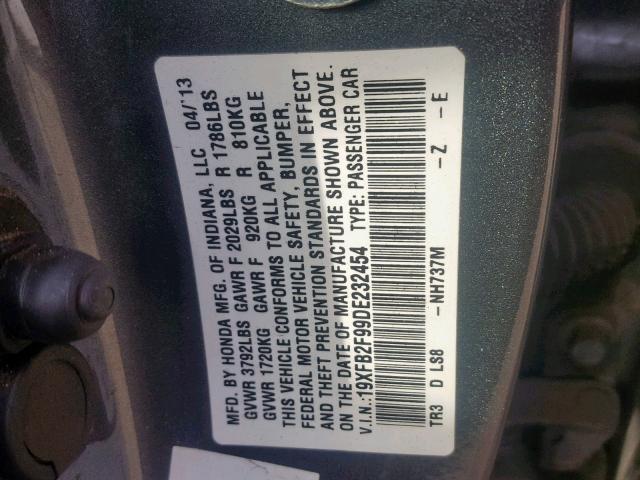 19XFB2F99DE232454 - 2013 HONDA CIVIC EXL ნაცრისფერი ფოტო 10