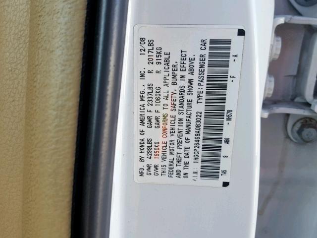 1HGCP26469A083022 - 2009 HONDA ACCORD LXP WHITE photo 10