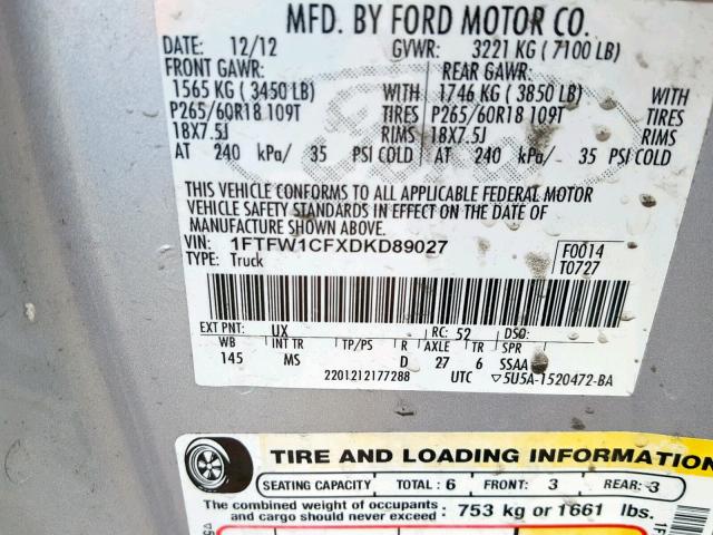 1FTFW1CFXDKD89027 - 2013 FORD F150 SUPER Күміс фото 10