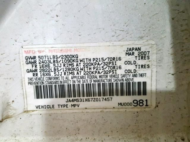 JA4MS31X67Z017457 - 2007 MITSUBISHI OUTLANDER WHITE photo 10