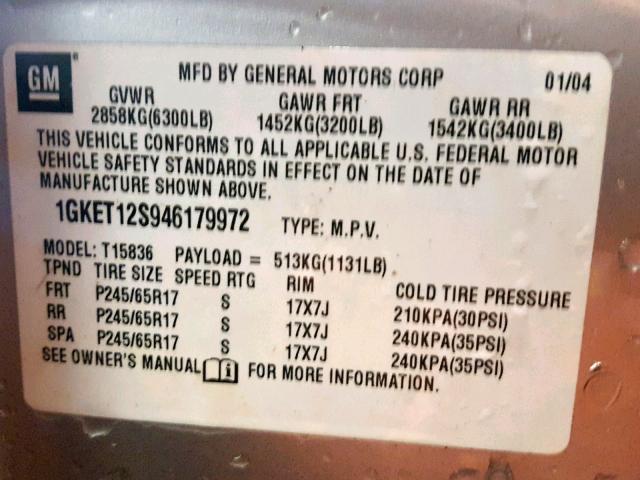 1GKET12S946179972 - 2004 GMC ENVOY XUV SILVER photo 10