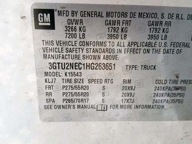 3GTU2NEC1HG263651 - 2017 GMC SIERRA K15 WHITE photo 10