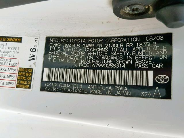 JTKDE167990288314 - 2009 TOYOTA SCION TC თეთრი ფოტო 10