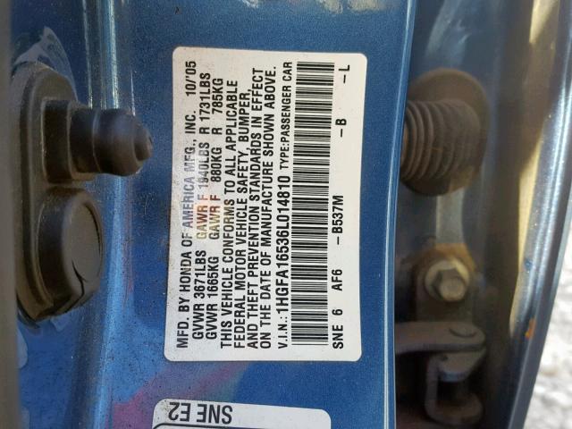 1HGFA16536L014810 - 2006 HONDA CIVIC LX BLUE photo 10