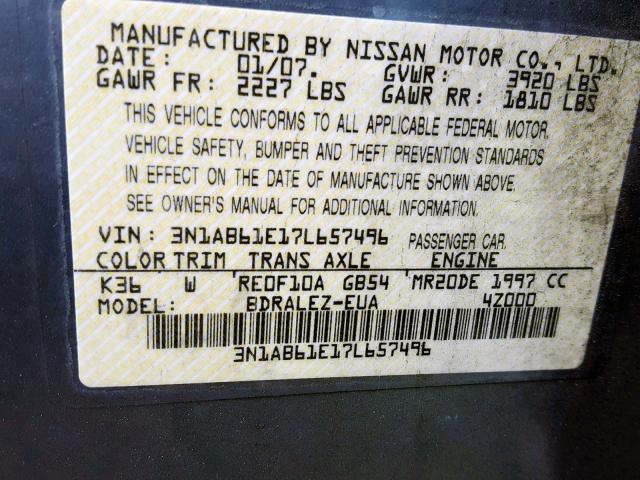 3N1AB61E17L657496 - 2007 NISSAN SENTRA 2.0 GRAY photo 10