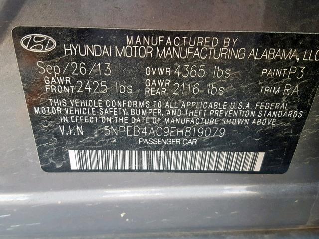 5NPEB4AC9EH819079 - 2014 HYUNDAI SONATA GLS GRAY photo 10