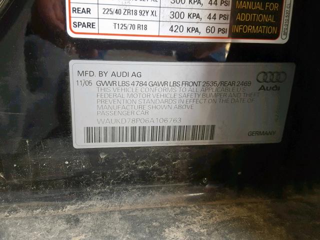 WAUKD78P06A106763 - 2006 AUDI A3 S-LINE BLACK photo 10