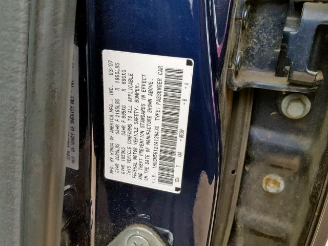 1HGCM56127A129474 - 2007 HONDA ACCORD VAL BLUE photo 10